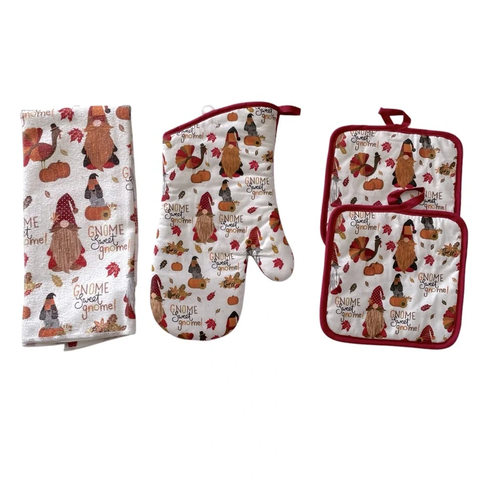 Fall Thanksgiving Kitchen Towel Oven Mitt Pot Holders Gnome 4-pc. Set